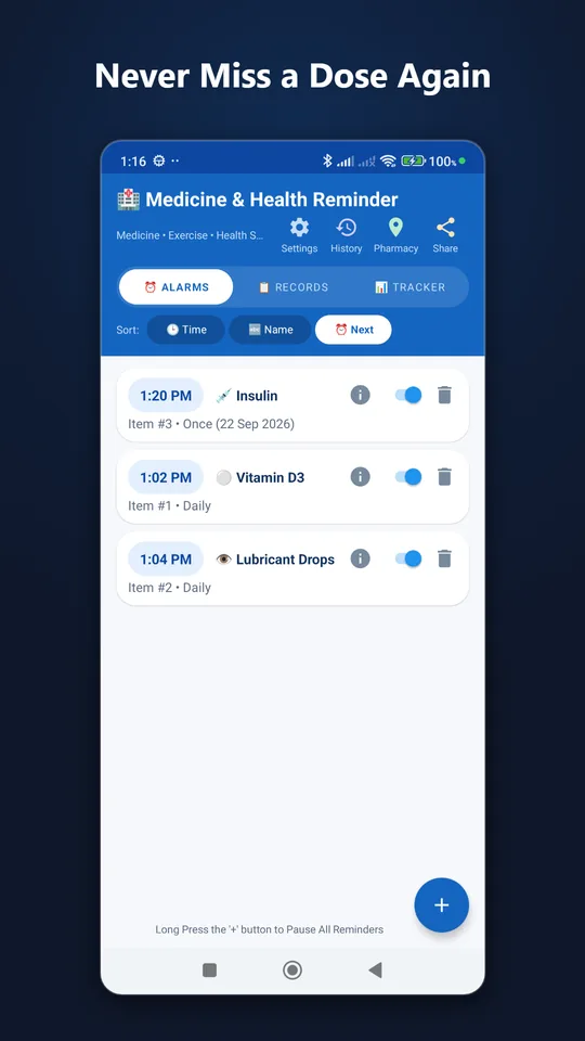 Alarms list with insulin, vitamin and eye-drop reminders
