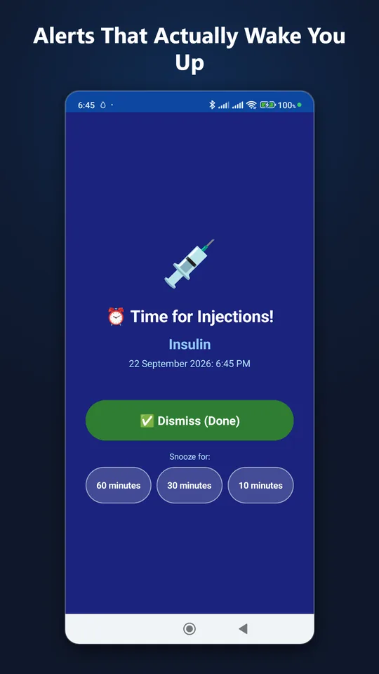 Full-screen alarm with a Dismiss button and snooze options