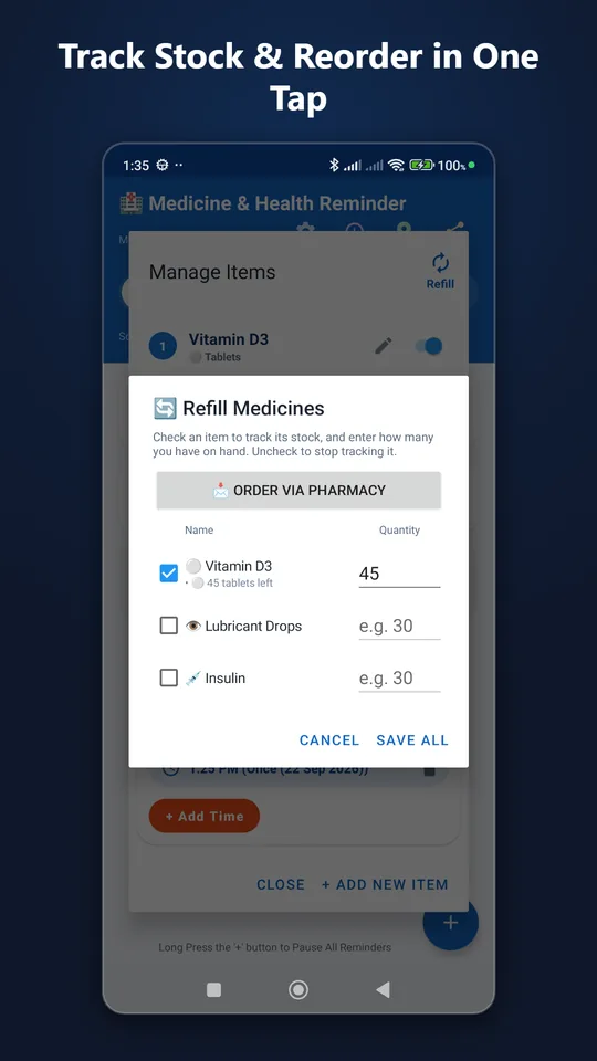 Refill manager tracking tablets on hand with an order-via-pharmacy button
